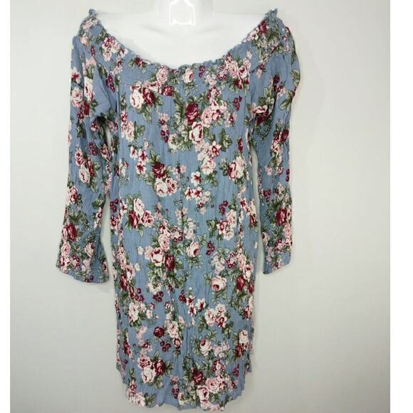 No Comment Blue Floral Mini Dress Smocked Shoulder Bell Sleeve Size L - Picture 1 of 8